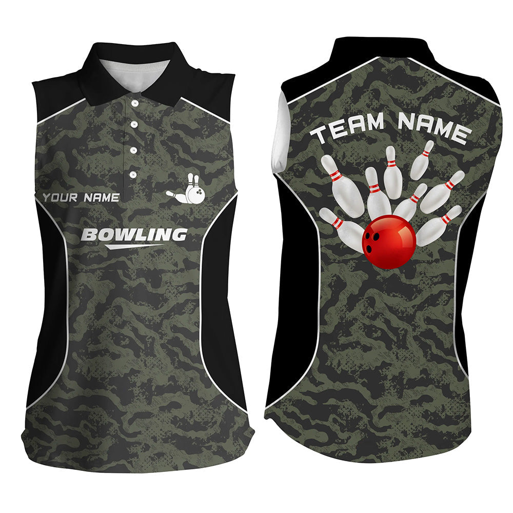 Ärmellose Damen-Bowling-Poloshirts, personalisierte Bowlingkugel und Pins, Camo-Bowling-Teamtrikot für Damen NQS5248