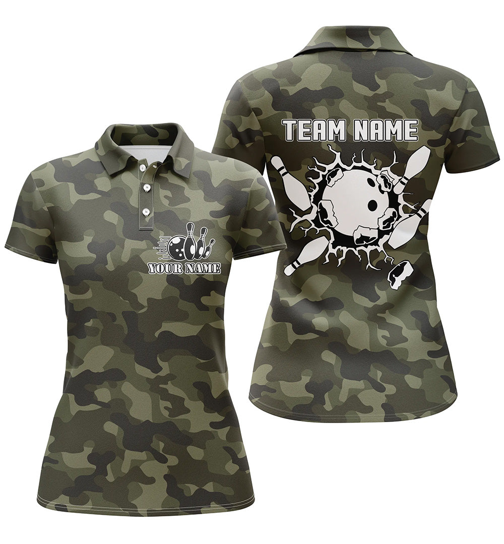 Kurzarm-Bowling-Poloshirts für Damen, personalisierte Bowlingkugel und Pins, grünes Camo-Bowling-Teamtrikot NQS5261