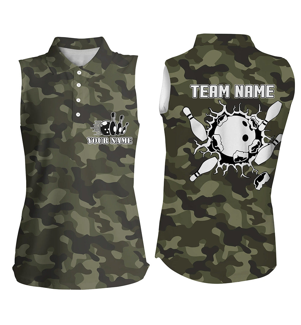 Ärmellose Bowling-Poloshirts für Damen, personalisierte Bowlingkugel und Pins, grünes Camo-Bowling-Teamtrikot NQS5261