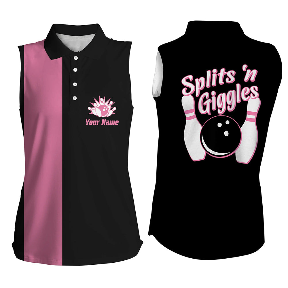 Splits 'n Giggles“ Ärmelloses Bowling-Poloshirt für Damen – Personalisierte Retro-Pink-Bowling-Trikots NQS5967