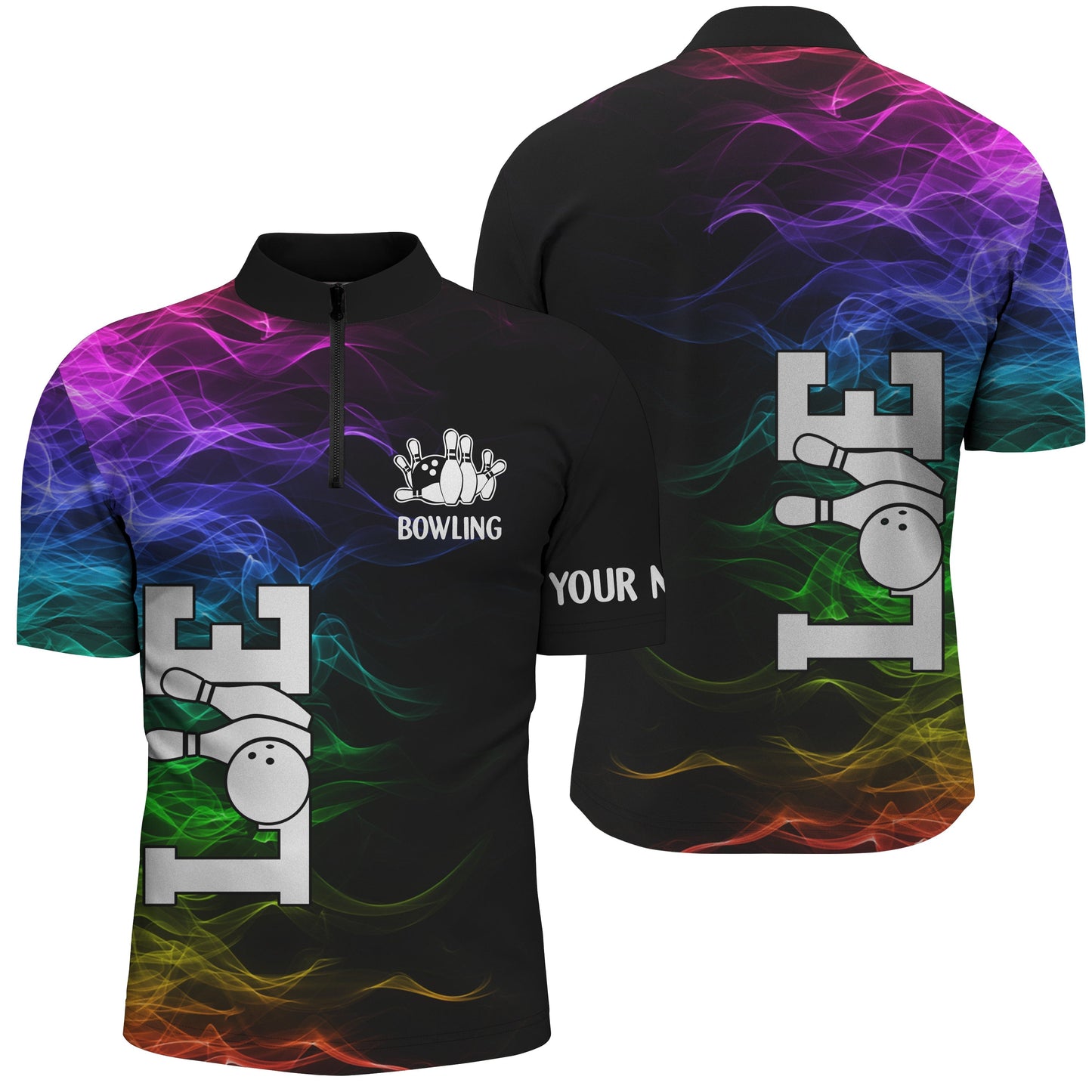 Herren-Bowlinghemd mit Viertelreißverschluss, bunte maßgeschneiderte Bowling-Trikots, personalisiertes Geschenk für Bowling-Spieler NQS4396