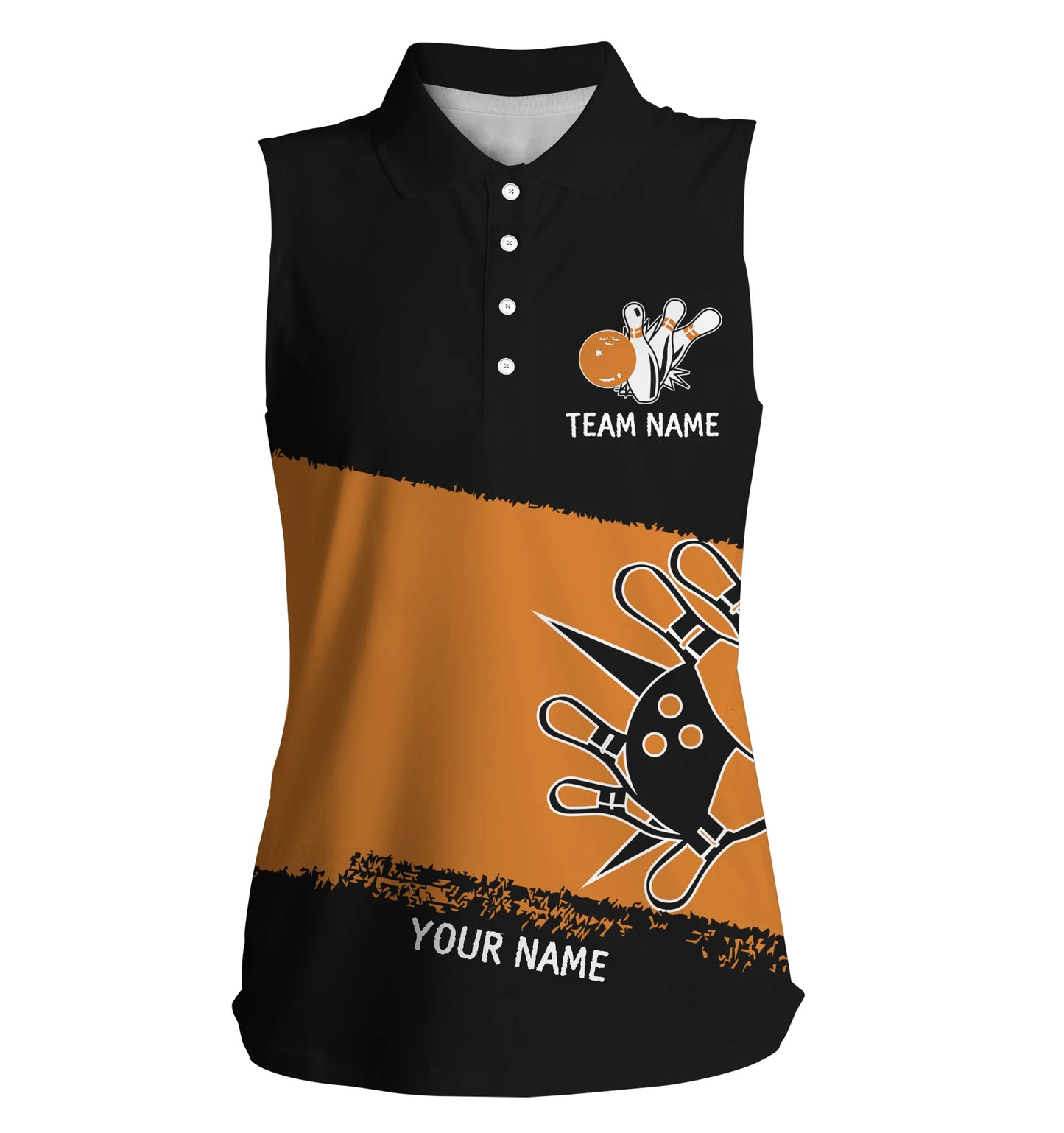 Schwarz-orange Bowlingkugeln und Pins, personalisierte Team-Bowling-ärmellose Polo-Shirts, Team-Bowlingtrikots NQS4769