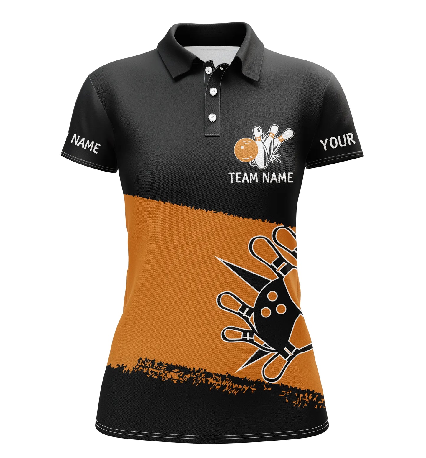 Schwarz-orange Bowlingkugeln und Pins, personalisierte Team-Bowling-Poloshirts für Frauen, Team-Bowlingtrikots NQS4769
