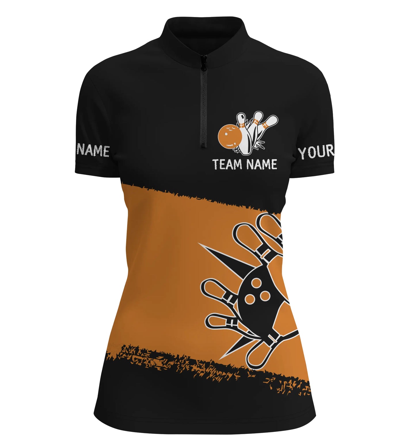 Schwarz-orange Bowlingkugeln und Pins, personalisiertes Bowlinghemd mit Viertelreißverschluss für Frauen, Team-Bowlingtrikots NQS4769