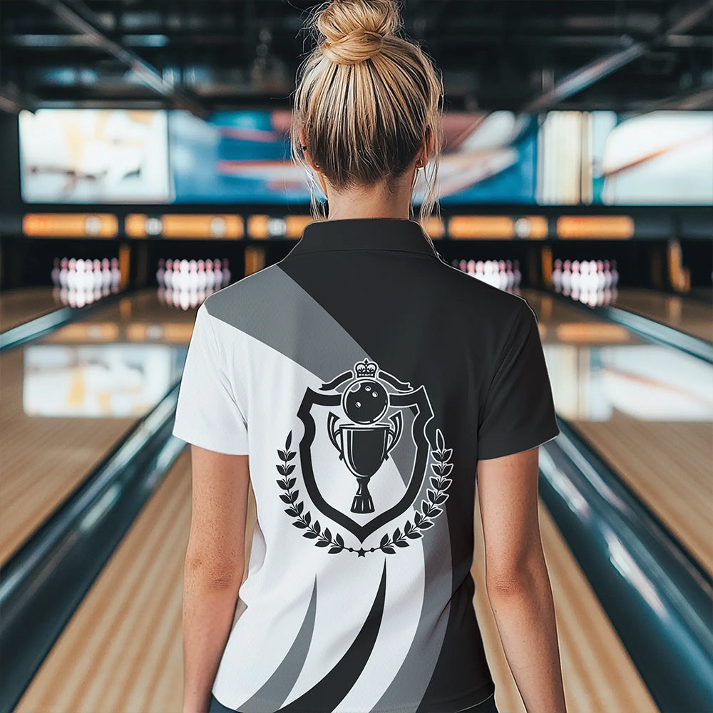 Schwarz-weiße Retro-Bowling-Poloshirts für Damen – Bowling-Team-Liga-Trikot NQS6704.1