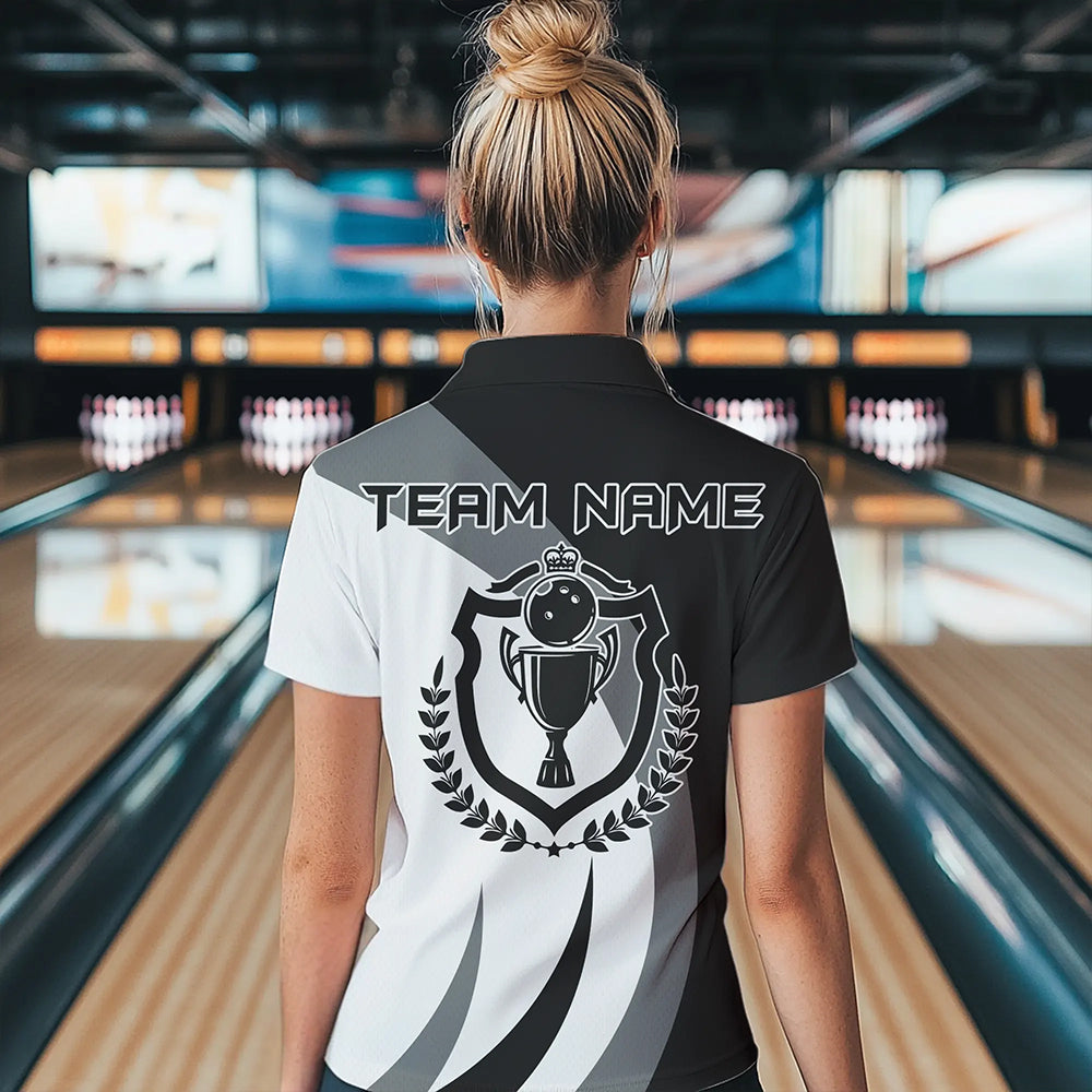 Schwarz-weiße Retro-Bowling-Quarter-Zip-Shirts für Damen – Individuelles Bowling-Team-Liga-Trikot NQS6704