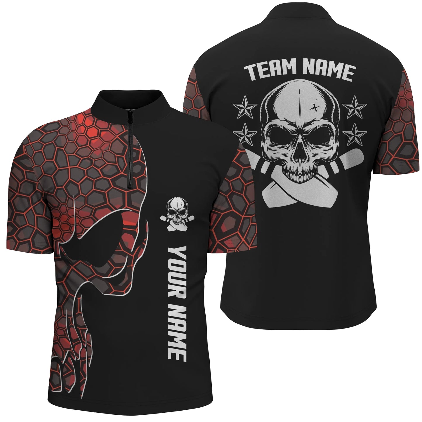 Rotes Camo-schwarzes Bowlinghemd mit Viertelreißverschluss für Männer, personalisierter Teamname, Schädel-Bowling, Team-Bowlinghemden NQS5060