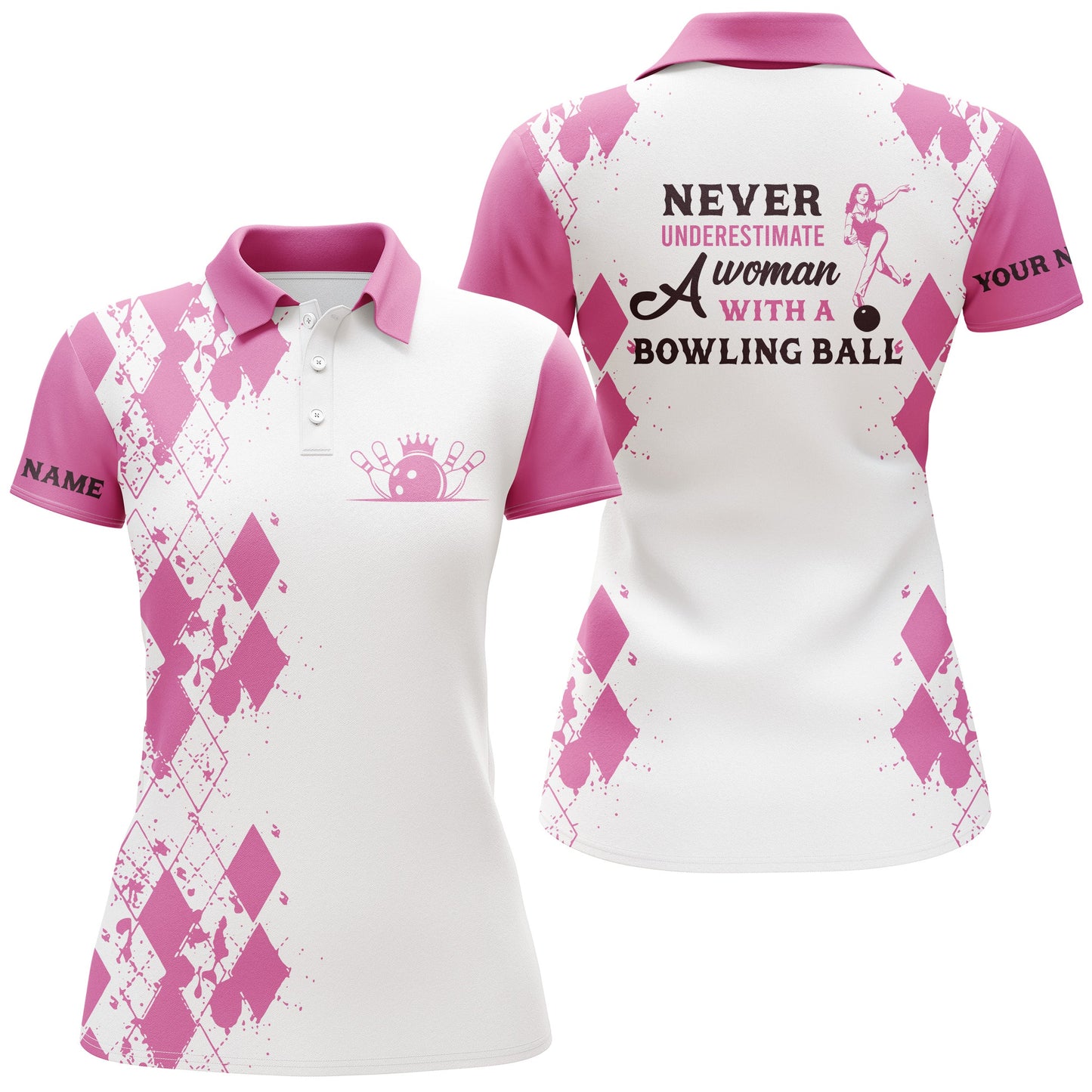 Damen-Bowlinghemden, personalisierter Name: "Unterschätze niemals eine Frau mit einer Bowlingkugel", Bowling-Polohemden NQS4462