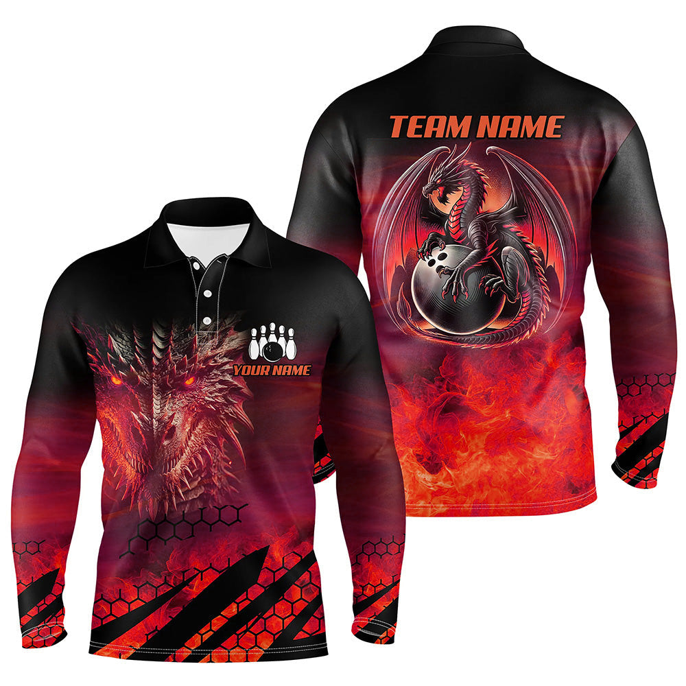 Schwarz-Rote Maßgeschneiderte Drachenflammen-Bowlinghemden für Herren – Drachenfeuer-Bowling-Team-Shirts NQS8384