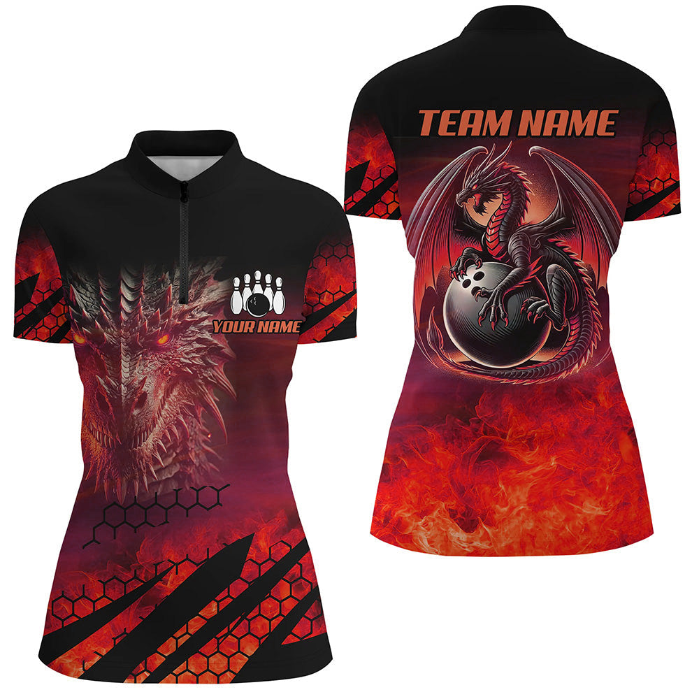 Schwarz-Rote Maßgeschneiderte Drachenflammen-Bowlinghemden für Damen – Drachenfeuer-Bowling-Team-Shirts NQS8384