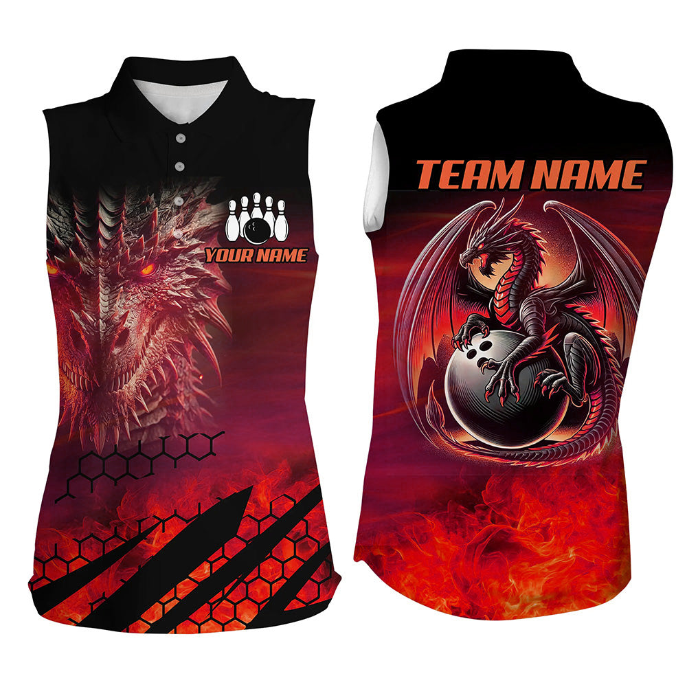 Schwarz-Rote Maßgeschneiderte Ärmellose Drachenflammen-Bowling-Poloshirts – Drachenfeuer-Bowling-Team-Shirts NQS8384