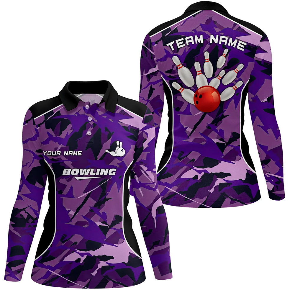 Damen-Bowling-Poloshirts – Individuelle Bowlingkugel & Pins, Lila Tarnmuster-Bowling-Team-Trikots NQS6488