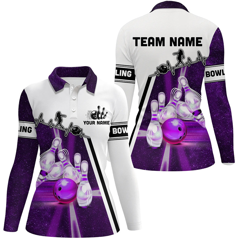 Lila-Galaxy-Bowlingkugel & Pins Muster – Individuelle Bowling-Poloshirts für Damen, Bowling-Team-Liga-Trikots, Bowling-Geschenke NQS6768
