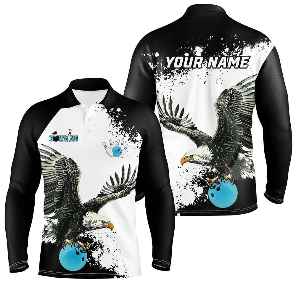 Schwarz-weiße Herren Bowling Poloshirts, maßgeschneiderte Adler Team Bowling-Shirts, Geschenk für Bowling-Spieler | Blau NQS7404