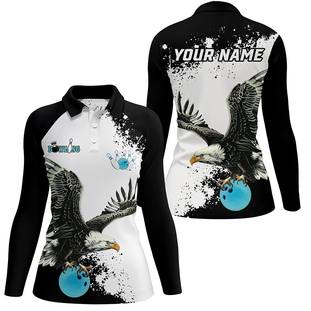 Schwarz-weiße Damen Bowling Poloshirts, maßgeschneiderte Adler Team Bowling-Shirts, Geschenk für Bowling-Spieler | Blau NQS7404