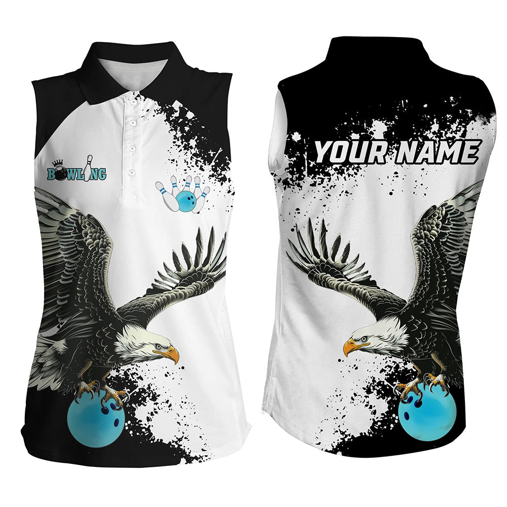 "Schwarz-weiße Damen ärmellose Poloshirts, maßgeschneiderte Adler Team Bowling-Shirts, Geschenk für Bowling-Spieler | Blau NQS7404