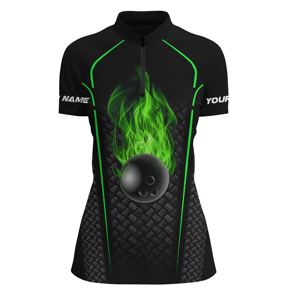 Bowling-Shirt für Damen – Personalisiertes Quarter-Zip-Bowling-Trikot, 3D-Bowling-Team-Trikot | Grün NQS6770