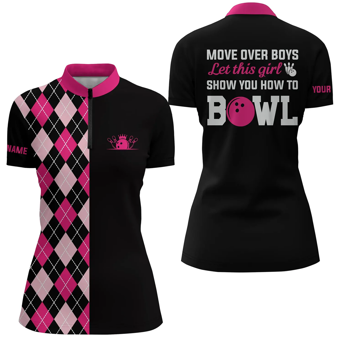 Bowlinghemden mit Viertelreißverschluss für Damen, personalisiert: "Move over boys, let this girl show you how to bowl" | Pink NQS4869
