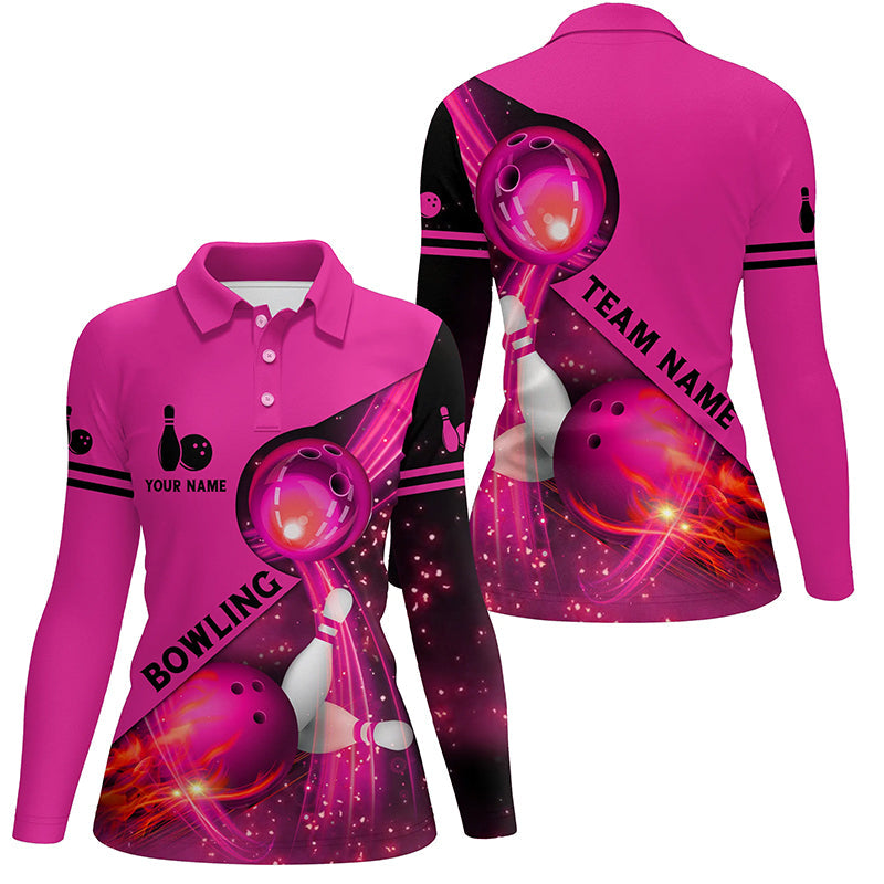 Pink Flammen-Bowling-Shirts für Damen – Bowling-Team-Liga-Trikot, Individuelle pinkfarbene Bowling-Poloshirts NQS6541