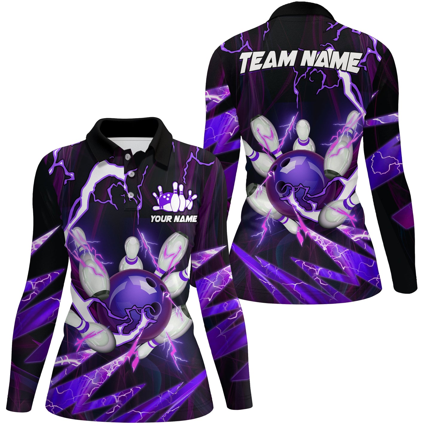 Flammen-Blitz-Donner Bowlingkugel & Pins Trikots – Individuelle Team-Bowling-Poloshirts für Damen | Lila NQS6550