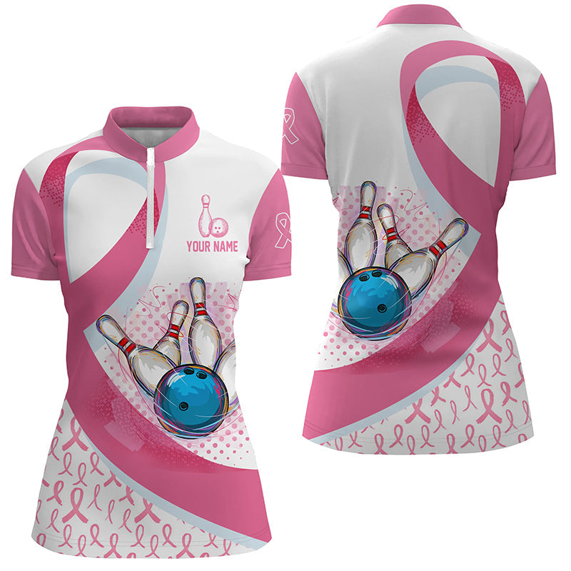 Damen-Bowling-Quarter-Zip-Shirts – Pink Ribbon Bowlingkugel & Pins, Brustkrebs-Bewusstsein, Bowling-Trikots NQS6338