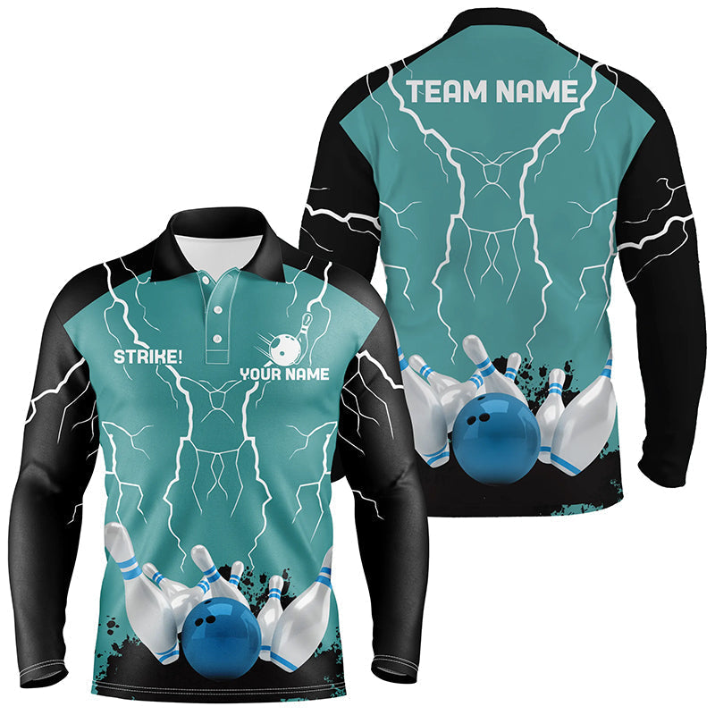 Herren-Bowling-Poloshirt – Individuelles „Strike“-Blitz-Donner-Team-Liga-Trikot | Türkis NQS6342