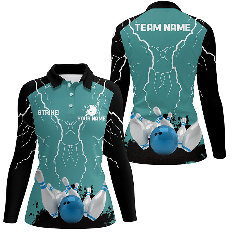 Damen-Bowling-Poloshirt – Individuelles „Strike“-Blitz-Donner-Team-Liga-Trikot | Türkis NQS6342