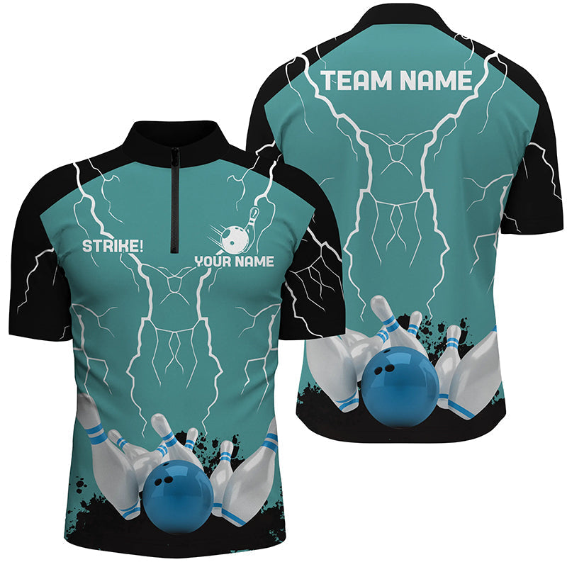 Herren-Bowling-Quarter-Zip-Shirts – Individuelles „Strike“-Blitz-Team-Liga-Trikot | Türkis NQS6342