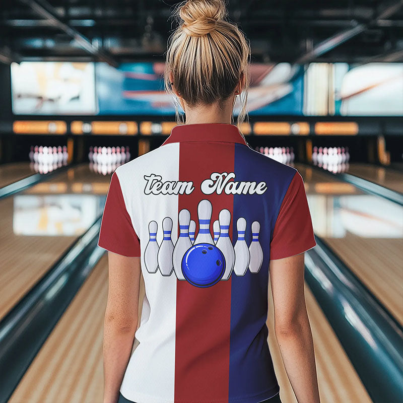 Personalisierte Rot-weiß-blaue Retro-Bowling-Poloshirts für Damen – Individuelle Vintage-Bowling-Team-Trikots NQS6569
