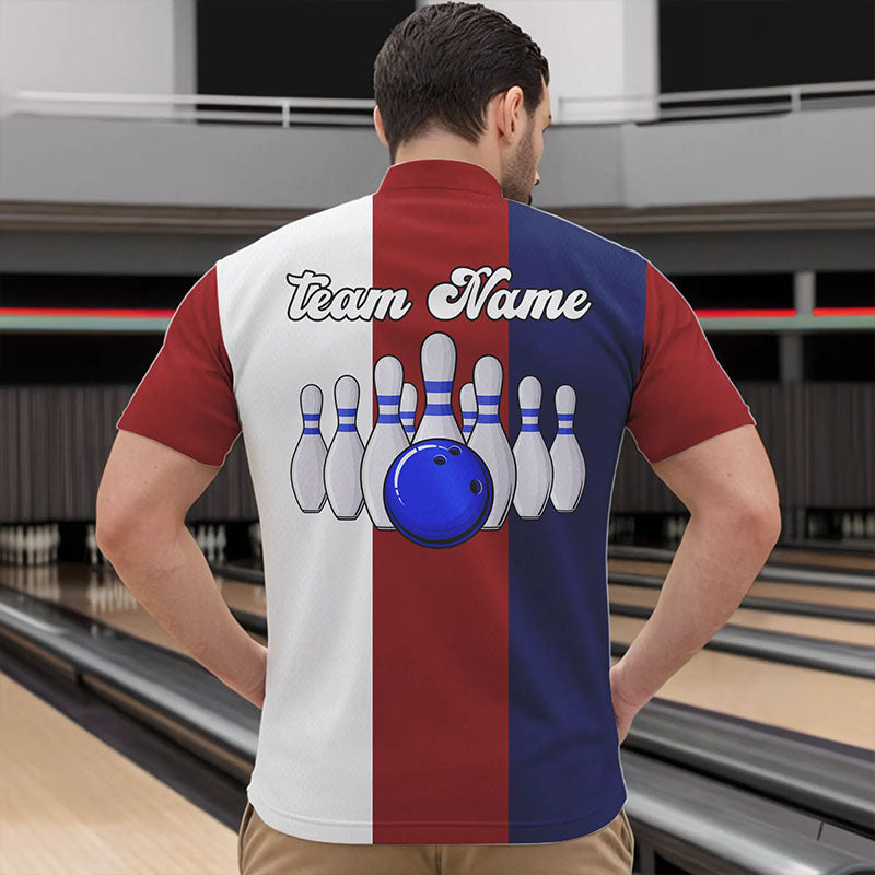 Personalisierte Rot-weiß-blaue Retro-Bowling-Quarter-Zip-Shirts für Herren – Individuelle Bowling-Team-Trikots NQS6569