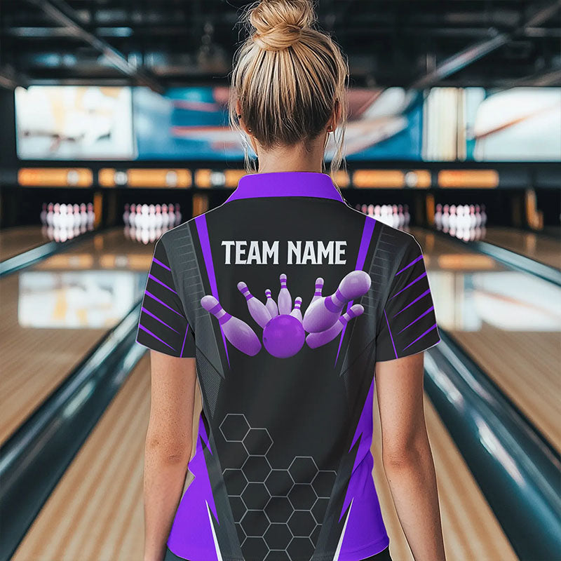 Schwarzes Damen-Bowling-Poloshirt – Individueller Name, Damen-Bowler-Trikot, Team-Bowling-Outfits | Lila NQS6132