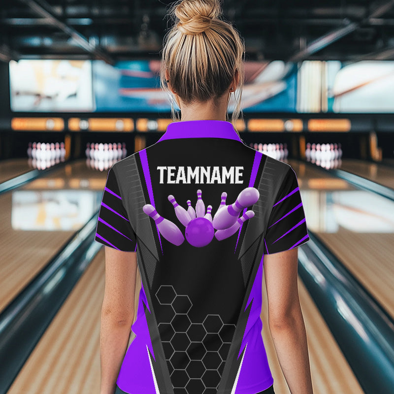 Schwarzes Damen-Bowling-Quarter-Zip-Shirt – Individuelles Damen-Bowler-Trikot, Team-Bowling-Outfits | Lila NQS6132