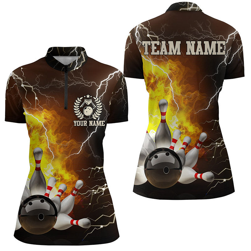 Damen-Bowling-Quarter-Zip-Shirts – Individuelle Flammen-Blitz-Bowling-Team-Trikots, Bowling-Liga-Shirt NQS6150