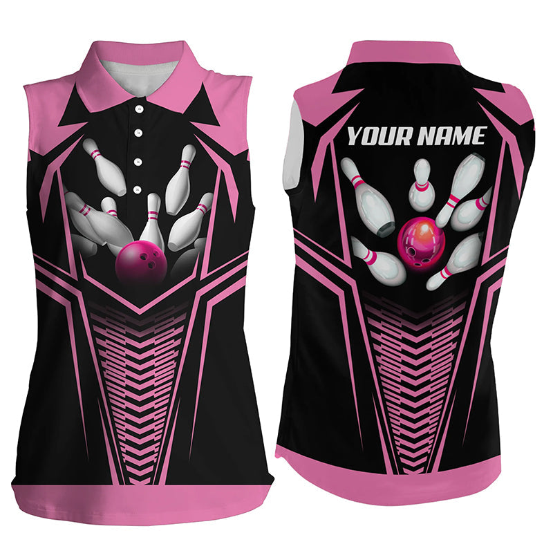 Ärmellose Poloshirts mit Flammen-Bowlingkugel & Pins für Damen – Personalisierte Bowling-Team-Trikots | Pink NQS5495