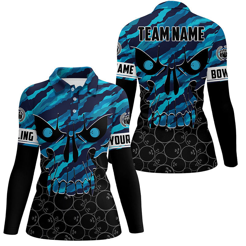 Personalisierte Schädel-Bowling-Shirts für Damen – Individueller Teamname, blaue Tarnmuster-Bowler-Trikot Poloshirt NQS6410