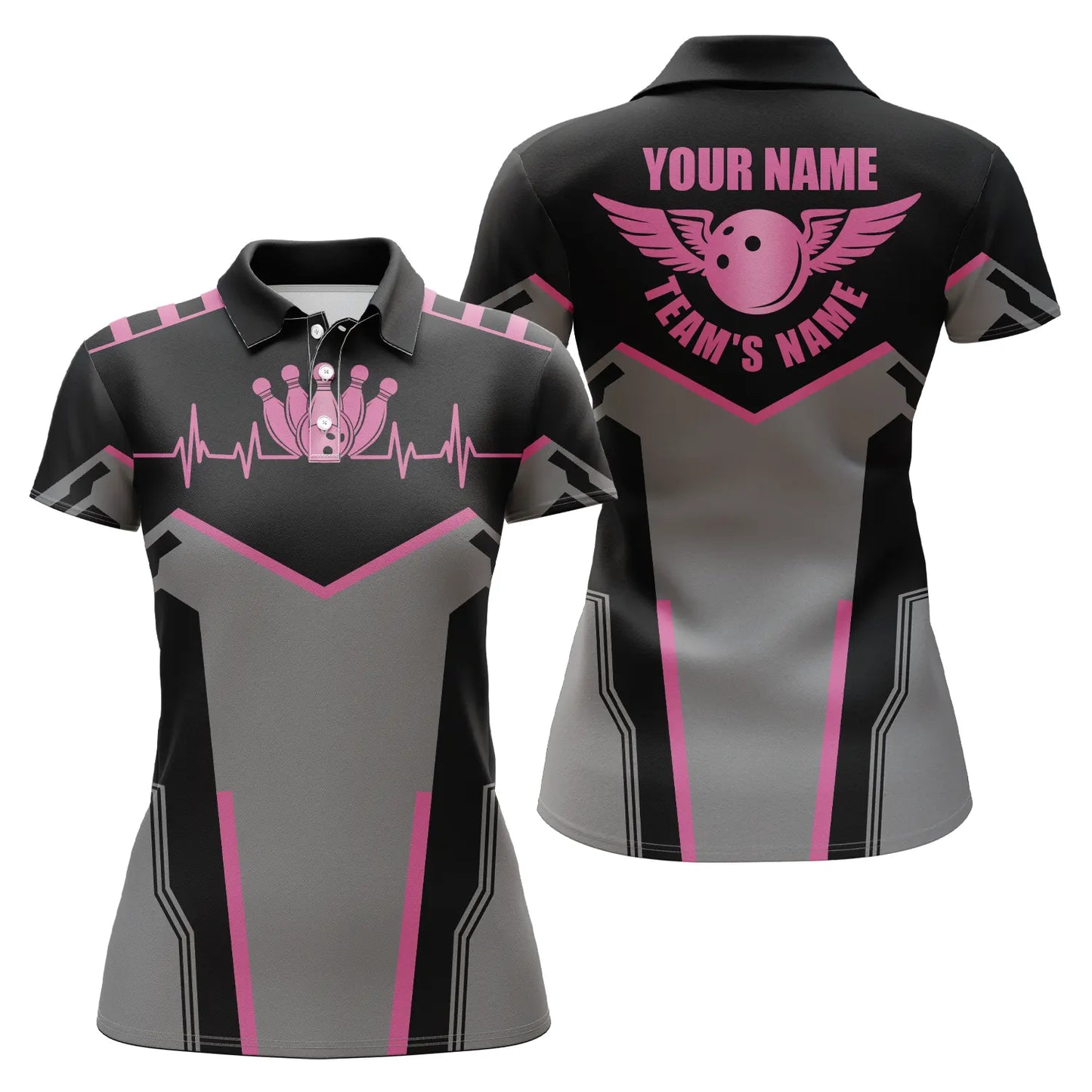 Bowlinghemden für Frauen, personalisierter Name und Teamname, Bowlingkugel und Pins, Damen-Poloshirts | Pink NQS4764