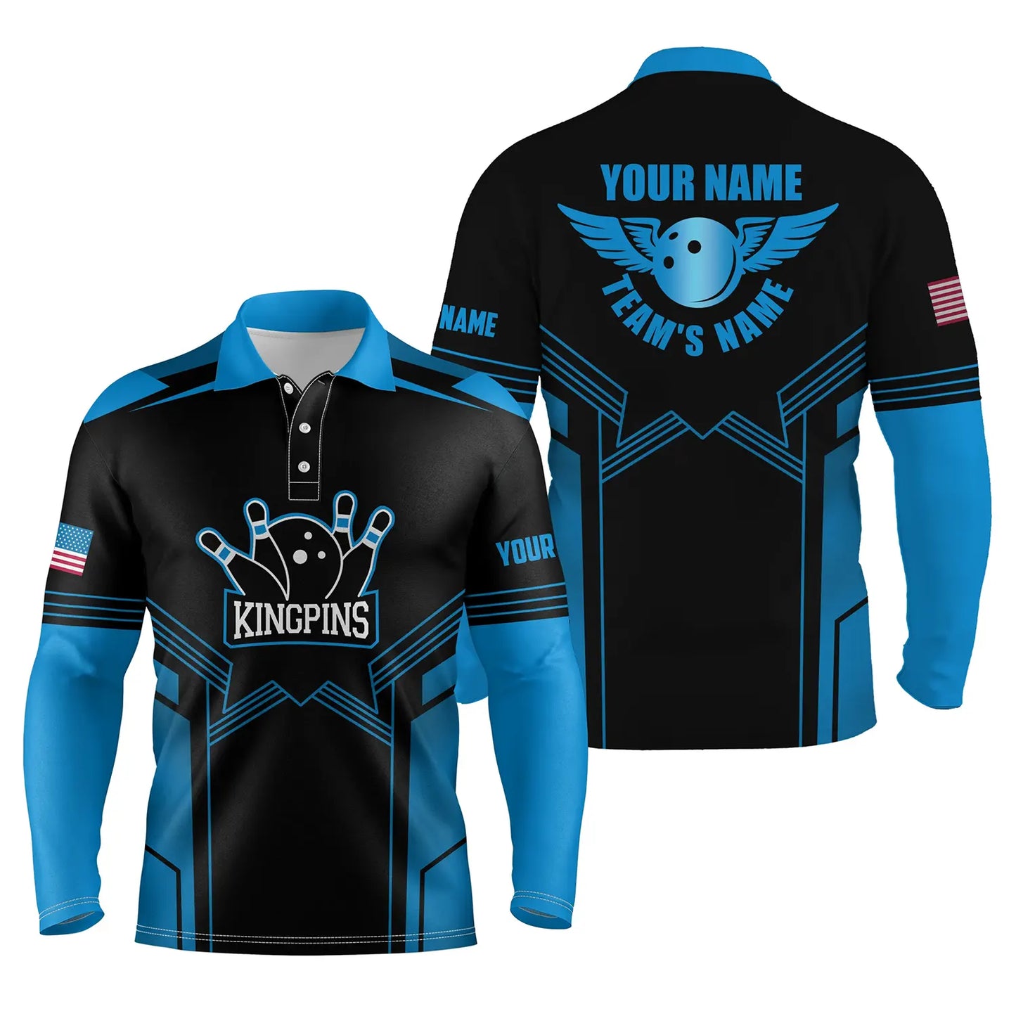 Blau-schwarze Bowling-Poloshirts für Männer, personalisierter Name und Teamname, Bowling-Team-Poloshirts NQS4770