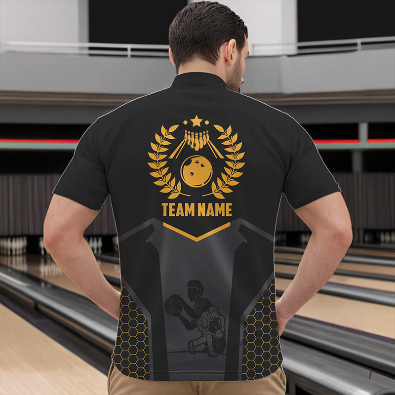Schwarze Bowling-Trikots für Herren – Individuelle Retro-Bowling-Quarter-Zip-Shirts Team-Bowler Kurzarm | Gelb NQS6673