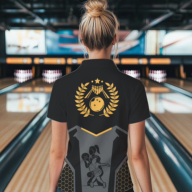 Schwarze Bowling-Trikots für Damen – Retro-Bowling-Quarter-Zip-Shirts für Team-Bowler | Gelb NQS6673.1