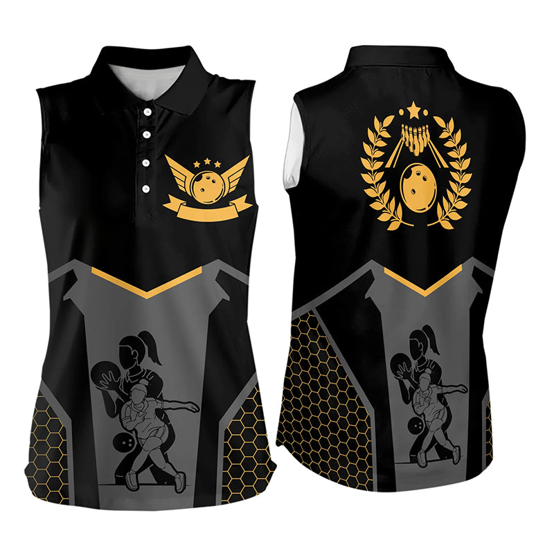 Schwarze Bowling-Trikots für Damen – Retro-Ärmellose Bowling-Poloshirts für Team-Bowler | Gelb NQS6673.1