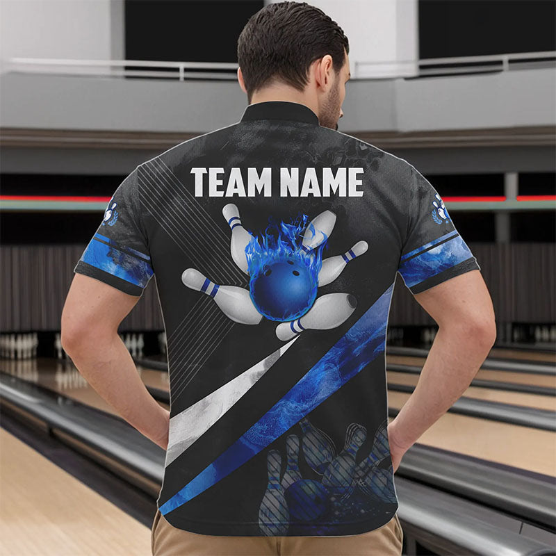 Schwarz-weiße Bowling-Quarter-Zip-Shirts für Herren – Individuelle Bowlingkugel & Pins, Team-Bowler-Trikots | Blau NQS6447