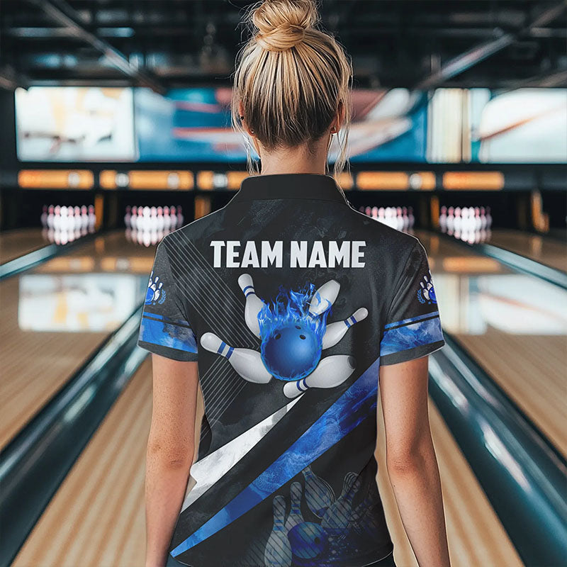 Schwarz-weiße Bowling-Quarter-Zip-Shirts für Damen – Individuelle Bowlingkugel & Pins, Bowler-Trikots | Blau NQS6447