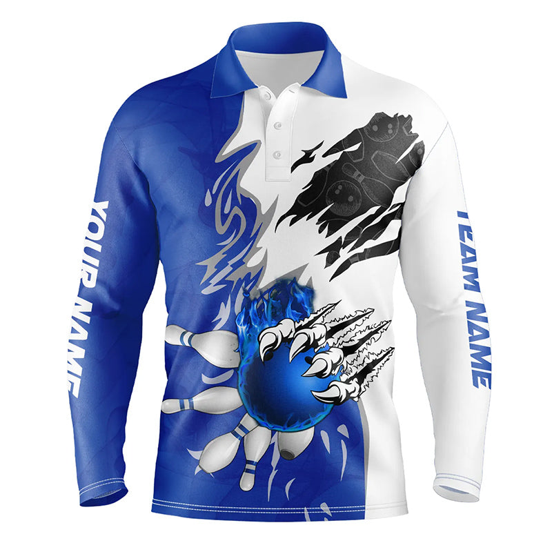 Weißes Bowling-Poloshirt für Herren – Individuelle Bowlingkugel & Pins, Flammen-Bowling-Shirt | Blau NQS6460