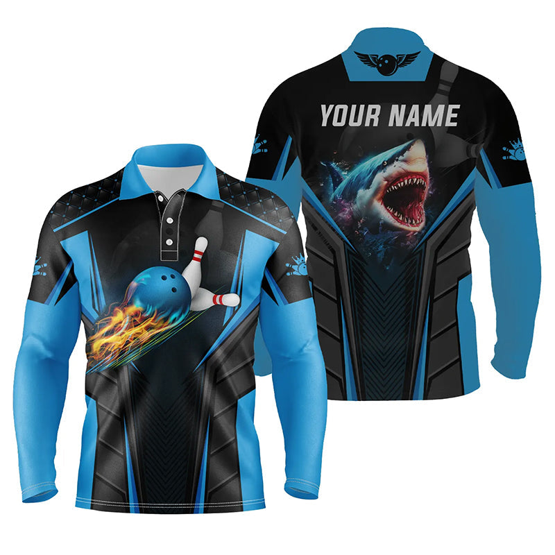Personalisierte 3D-Bowlinghemden für Herren, maßgeschneiderte Bowling-Poloshirts mit Haifischteam und blauer Bowlingkugel NQS5336