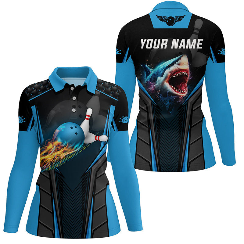 Personalisierte 3D-Bowlinghemden für Damen, maßgeschneiderte Bowling-Poloshirts mit Haifischteam und blauer Bowlingkugel NQS5336