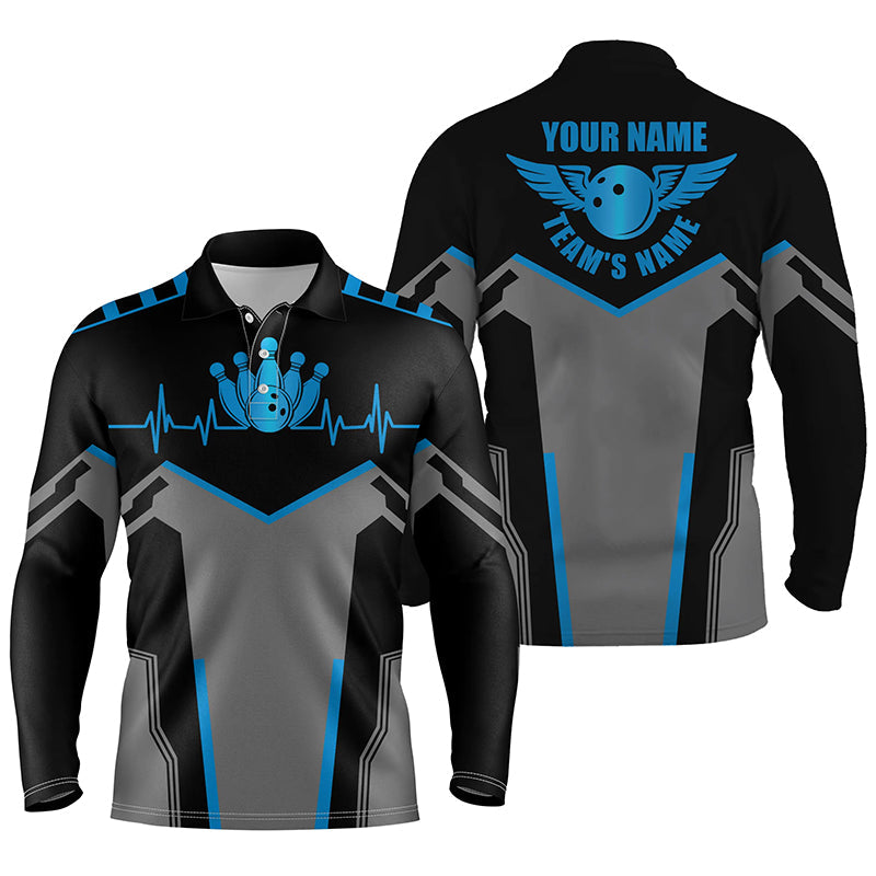 Bowlinghemden für Männer, personalisierter Name und Teamname, blaue Bowlingkugel und Pins, Team-Bowlinghemden NQS4434