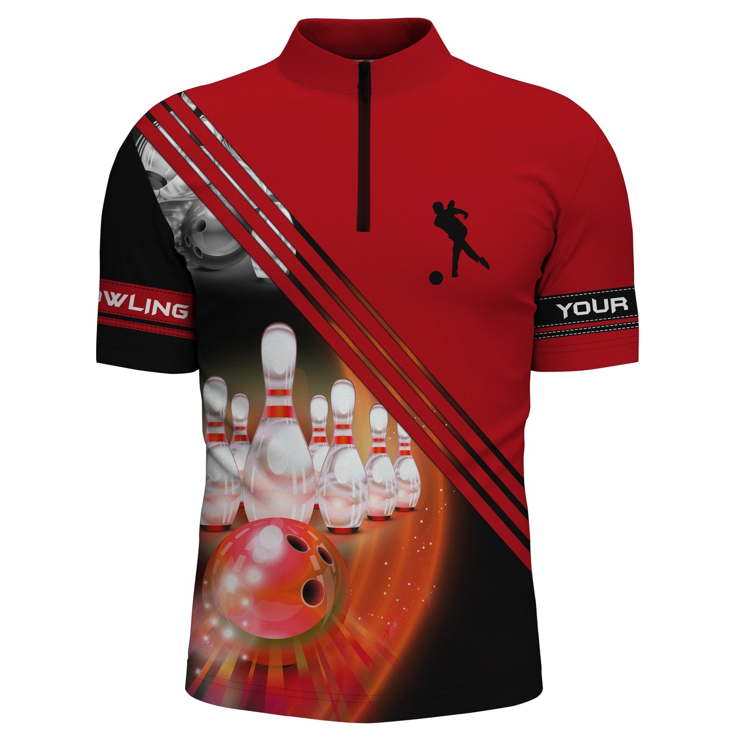 Bowling-Hemden mit Viertelreißverschluss für Männer, personalisierte Bowlingkugel und Pins, Team-Bowlingtrikots | Rot NQS4452