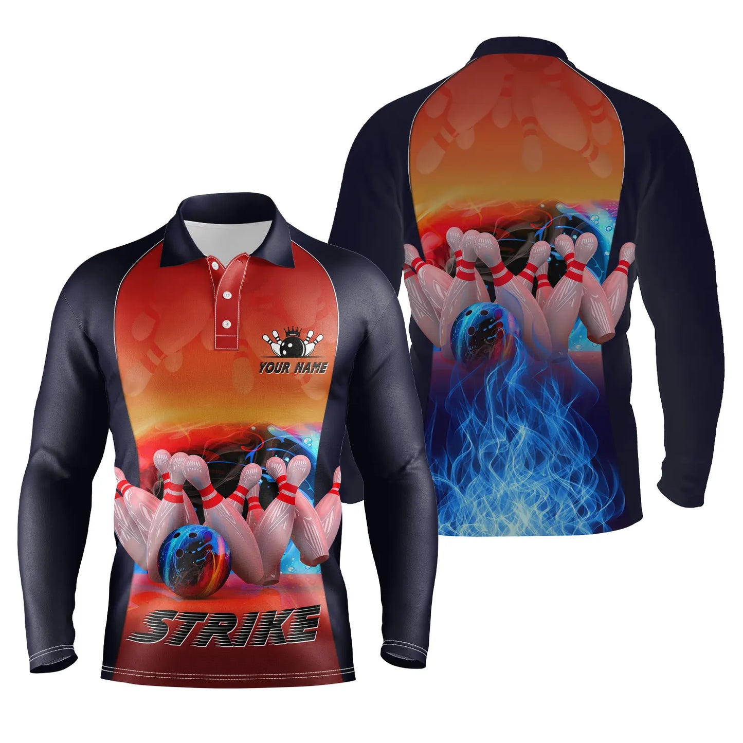 Bowling-Poloshirts für Männer, personalisierter Name, blaue Feuer-Bowlingstrike-Kugel und Pins, Bowlingtrikots NQS4813