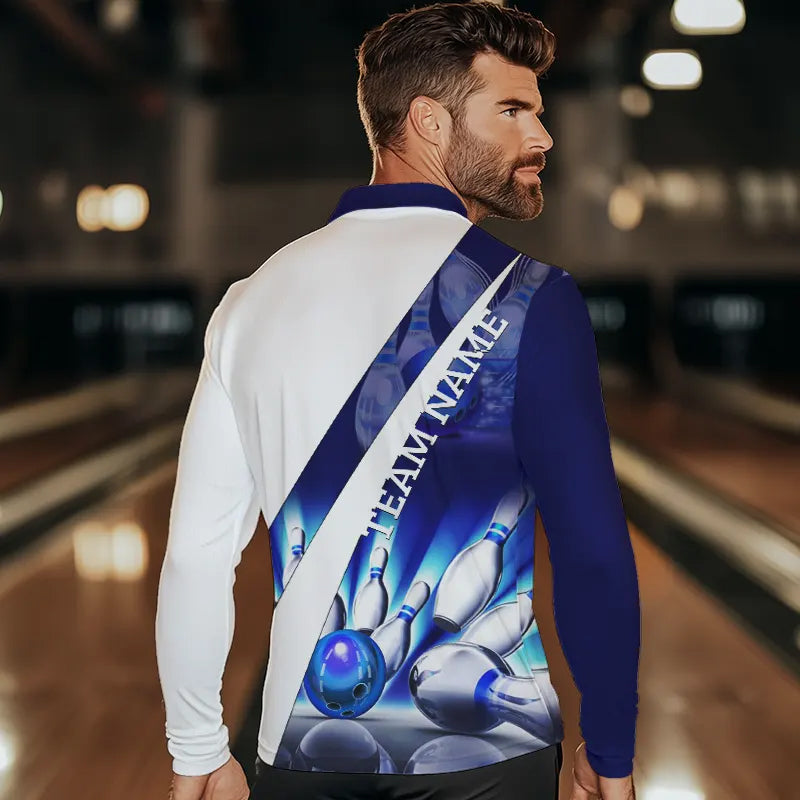 Weiße Bowling-Poloshirts für Herren – Individuelle Bowlingkugel & Pins im Blauen Licht Team-Liga-Trikots NQS6732