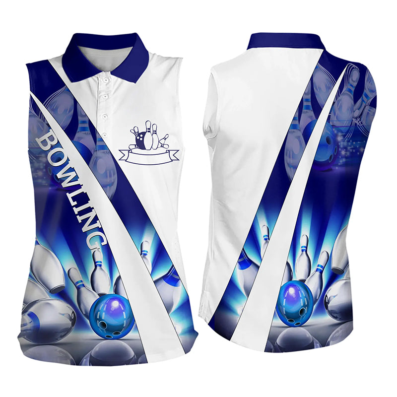 Weiße Ärmellose Bowling-Poloshirts für Damen – Bowlingkugel & Pins im Blauen Licht Team-Liga-Trikots NQS6732.1
